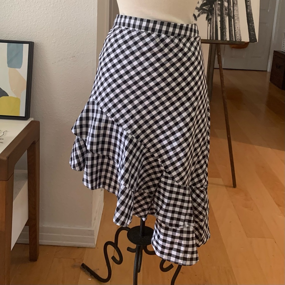 A New Day Black and White Gingham Asymmetrical skirt with tiered and ruffled hem
